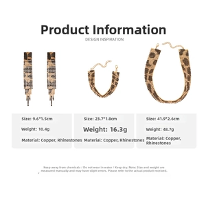 Detailed size and weight chart for leopard print rhinestone earrings, bracelet and necklace