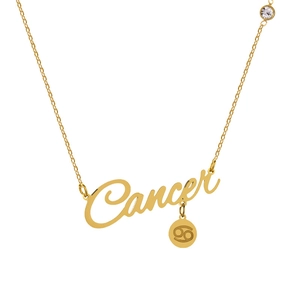 Detail of gold Cancer necklace showing zodiac letter pendant with round zircon and coin