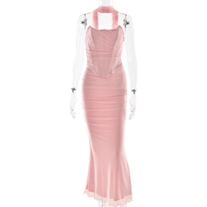 Detail of pink strapless bodycon maxi dress with corset waist and fishtail hem