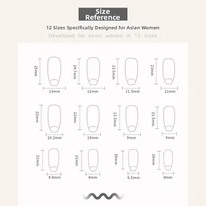 Size chart showing 12 different dimensions for ballet style press-on nail sets
