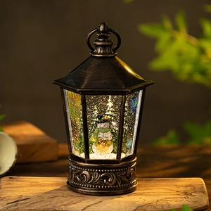 Vintage bronze Christmas lantern music box with snowman and LED sparkling glitter globe