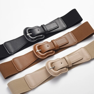 Trio of elastic waist belts in black, brown, and beige with faux leather buckles