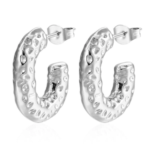 Silver C-shape textured stainless steel earrings with a hammered lava finish on white background
