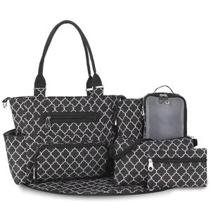 5-piece multifunctional diaper bag set with geometric clover pattern and black finish