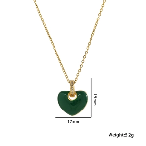 Minimalist gold necklace with green enamel heart pendant and dimensions 19mm by 17mm