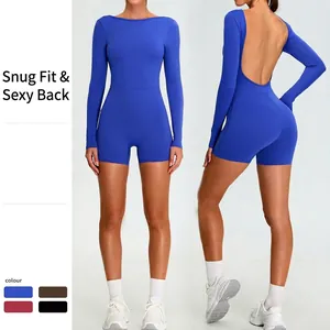 Women Long Sleeve Yoga Jumpsuit Backless U-Back Slim Fit Bodysuit Romper For Fitness Gym Workout