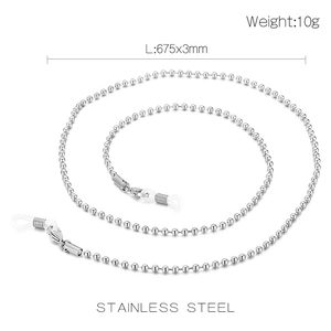 Detail of silver stainless steel beaded sunglasses chain with 3mm beads and non-slip loops
