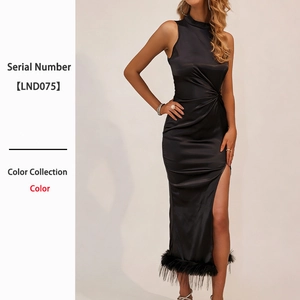 Sexy Halter Neck Satin Maxi Dress With Feather Fringe High Slit Ruched Bodycon Evening Party Gown For Women Backless