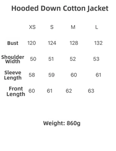 Size guide table for women hooded waterproof puffer jacket including chest and sleeve data
