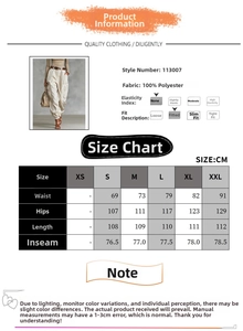 Detailed size chart for high waist cargo pants showing waist and hip measurements in cm