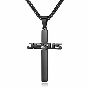 Men's minimalist black stainless steel cross necklace featuring JESUS engraved pendant