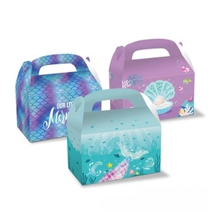 Three assorted mermaid theme party gift boxes with scales and shell patterns