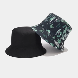 Detail of reversible bucket hat with black cotton fabric and street style graffiti print
