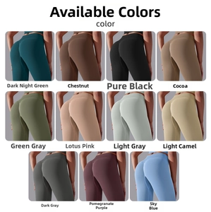 Detail of high-waist seamless yoga leggings showing 11 different solid colors in a grid
