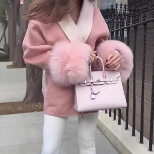 Cappotto Di Lana Da Donna Con Polsini In Pelliccia Sintetica Colletto A Revers A Contrasto Vita Con Cintura Giacca