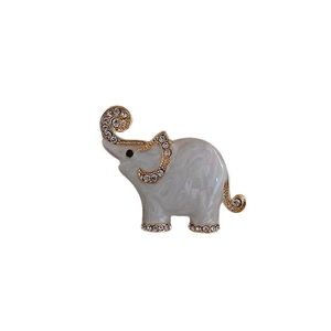 Elegant elephant brooch with grey enamel, gold trim and sparkling rhinestones
