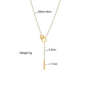 Minimalist Y-shape titanium steel gold necklace with interlocking squares and bar tassel