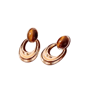 Retro 18K gold plated silver stud earrings with oval tiger eye stones and hollow pendants