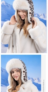 Detail shot of plush leopard print faux fur trapper hat with soft ear flaps for winter