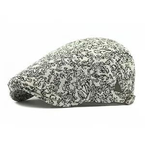 Retro jacquard flat cap with black botanical pattern and metal adjustment buckle