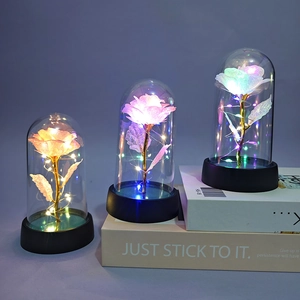 Luminous gold foil rose night light in glass dome with LED warm glowing string lights
