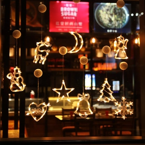 LED Christmas Window Suction Cup Lights Warm White Plastic Hanging Lamp For Holiday Party Bedroom Decor Star Deer Shape