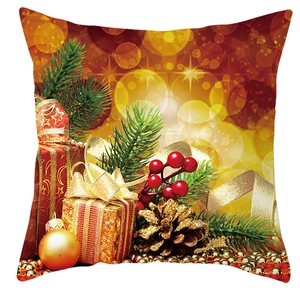 Christmas pillowcase with festive gold gift box, pine branches and red berries pattern