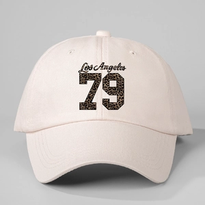 Light pink baseball cap featuring Los Angeles script and leopard print number 79
