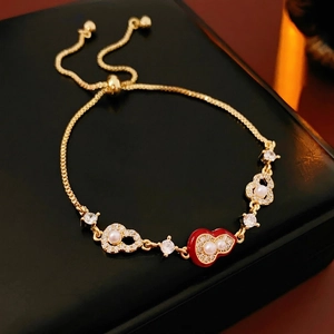 Vintage Chinese Style Adjustable Bracelet Gold Plated Alloy Imitation Artificial Pearl Zircon Enamel Gourd Heart Ruyi Pendant Women Jewelry