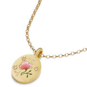 Golden oval necklace pendant featuring a hand-painted pink flower and star motifs
