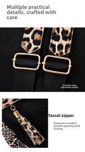 Detail of leopard print straps and tassel zippers on a lightweight black oxford backpack