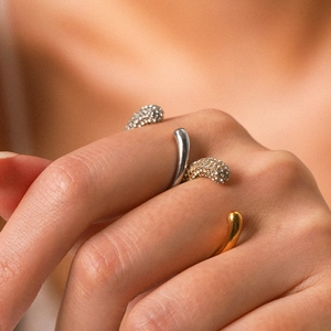 Elegant 18K gold and silver stainless steel open rings with pavé cubic zirconia