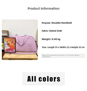 Large purple oxford cloth duffel bag with size reference and product specifications.