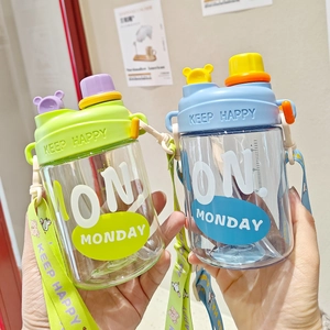 Cute children straw cups in blue and green with animal lids and adjustable carry straps