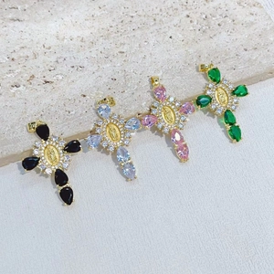 Virgin Mary Religious Cross Pendant Gold Plated Copper Inlaid Colorful Cubic Zirconia Jewelry Accessory For Women