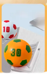 Detailed view of colorful 6cm mini soccer bouncy balls with numeric markings and stands