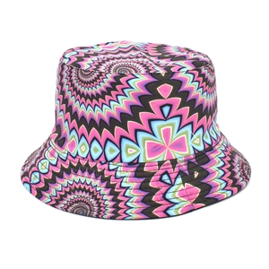 Detail of colorful psychedelic print bucket hat featuring high-quality parallel stitching
