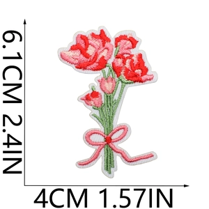 Detail of pink tulip embroidery patch with ribbon and 6.1cm by 4cm size dimensions