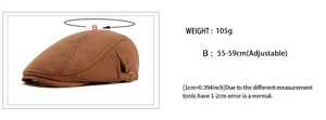 Tableau des tailles détaillé pour casquette vintage en daim avec tour de tête réglable