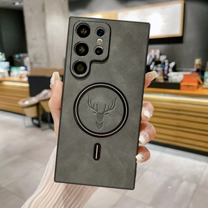 Detail of dark grey leather case with deer head pattern and magnetic charging ring