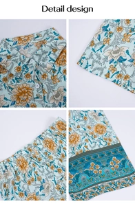 Détails de l'ensemble bohème à fleurs montrant le col, la taille et la texture du tissu