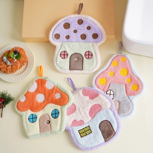 Mushroom House Hanging Hand Towels Soft Coral Fleece Absorbent Cartoon Cloth For Bathroom And Kitchen Decor Novelty