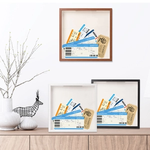 Wooden shadow box frame for travel tickets and boarding passes in three colors