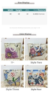 Detailed size chart and dimensions for the large jacquard canvas shoulder tote bag