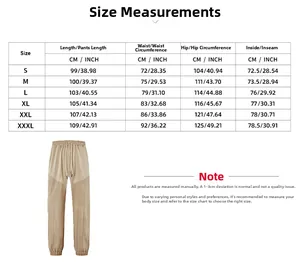 Detailed size chart for men's casual lightweight linen-look sweatpants with waist and hip data