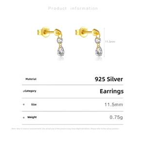 Detail view of S925 silver pear cut zircon earrings showing 11.5mm size and 0.75g weight