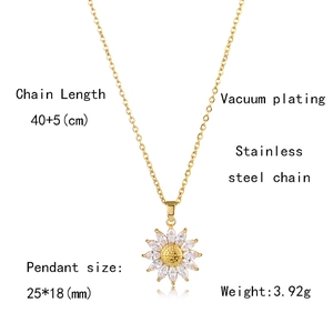 Detail view of sunflower necklace with 18K gold plating and product dimensions info