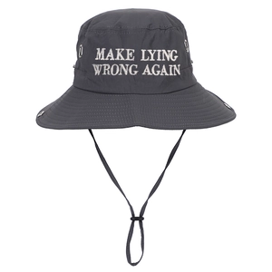Dark grey bucket hat with Make Lying Wrong Again embroidery and adjustable chin strap