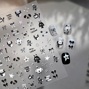 Christmas Nail Art Stickers 3D Relief Silver Stamping Black White Snowman Dog Bow Star Holiday Manicure Decoration