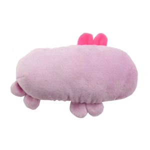 Side view of pink and purple plush dinosaur dog toy with soft fabric and four legs